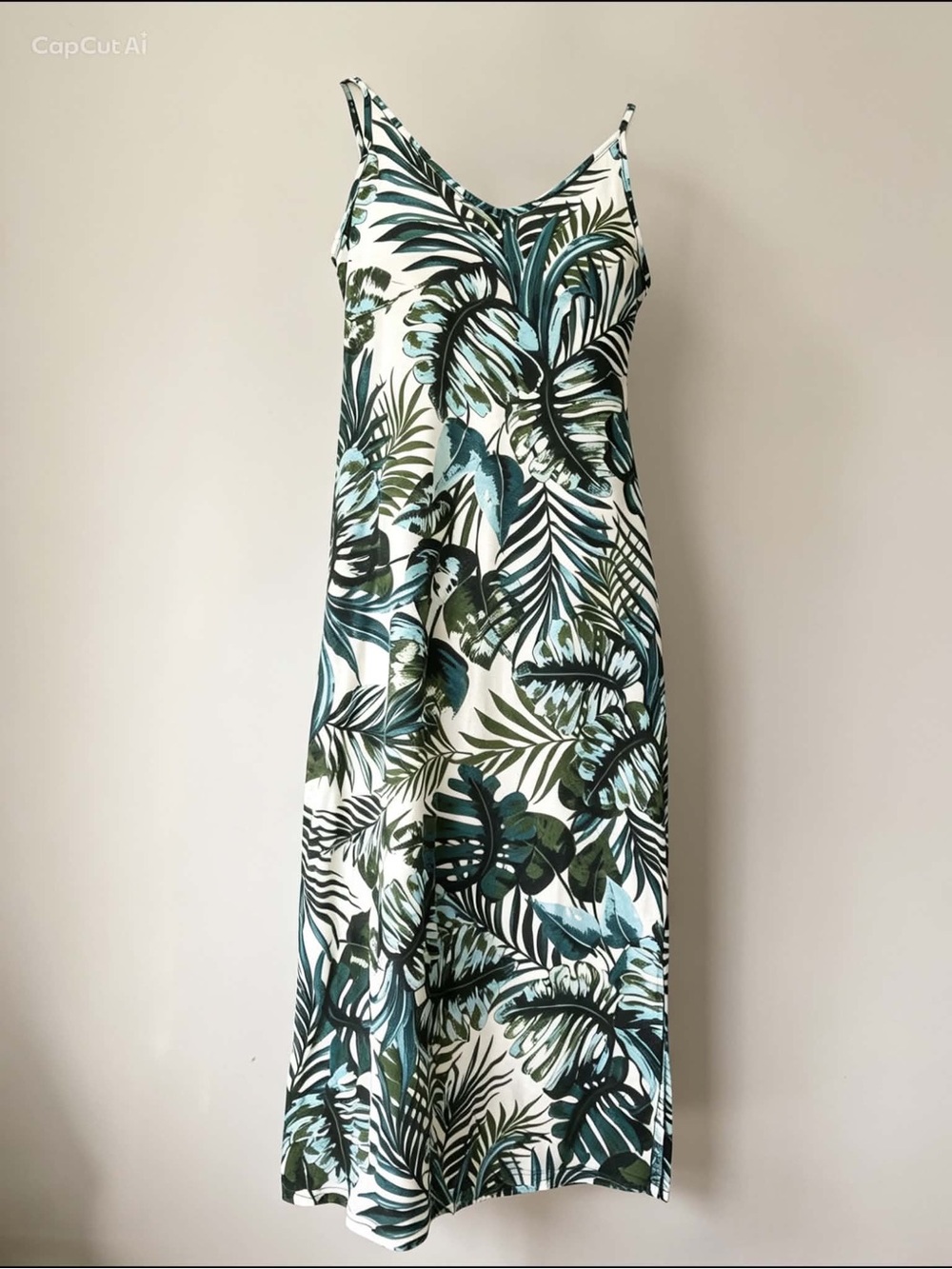 Angie Tropical Maxi Slip Dress — White & Green